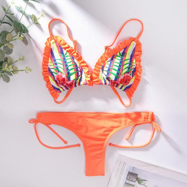 Miyouj Sexy Ruffle Bikini Floral Push Up Swimsuit Women Lace Up Swimwear String Bathing Suit Monokini Biquini Wave Bikini Set XL