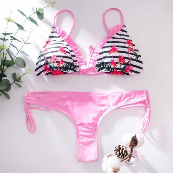 Miyouj Sexy Ruffle Bikini Floral Push Up Swimsuit Women Lace Up Swimwear String Bathing Suit Monokini Biquini Wave Bikini Set XL