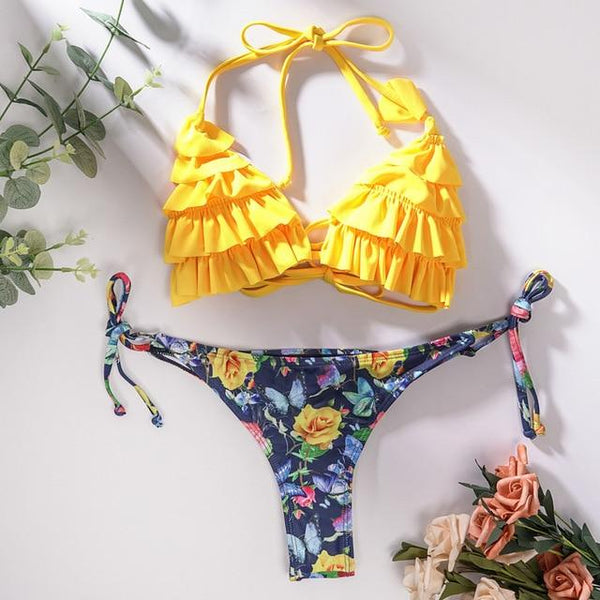 Miyouj Sexy Ruffle Bikini Floral Push Up Swimsuit Women Lace Up Swimwear String Bathing Suit Monokini Biquini Wave Bikini Set XL