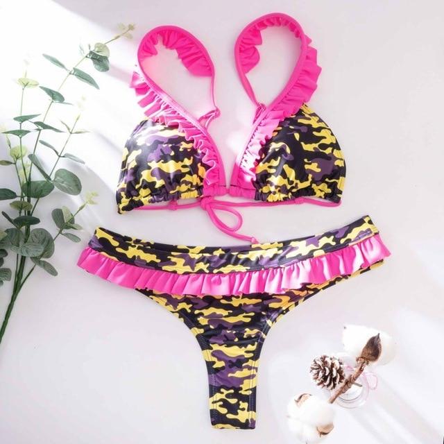 Miyouj Sexy Ruffle Bikini Floral Push Up Swimsuit Women Lace Up Swimwear String Bathing Suit Monokini Biquini Wave Bikini Set XL