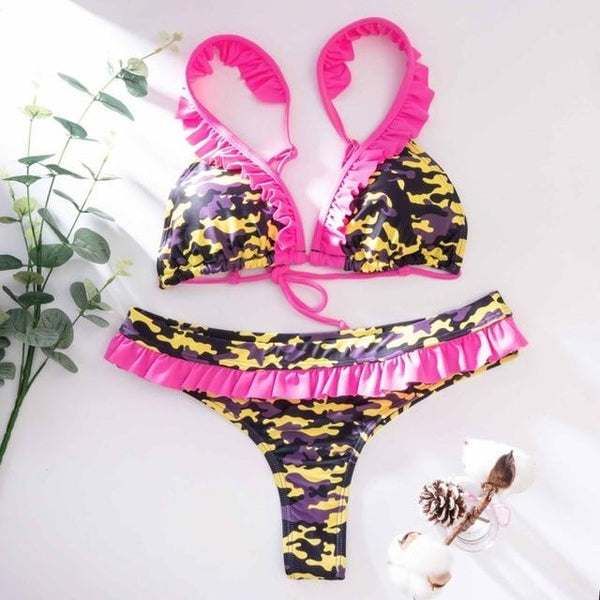 Miyouj Sexy Ruffle Bikini Floral Push Up Swimsuit Women Lace Up Swimwear String Bathing Suit Monokini Biquini Wave Bikini Set XL