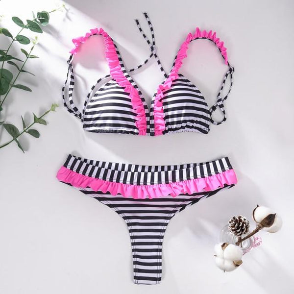 Miyouj Sexy Ruffle Bikini Floral Push Up Swimsuit Women Lace Up Swimwear String Bathing Suit Monokini Biquini Wave Bikini Set XL
