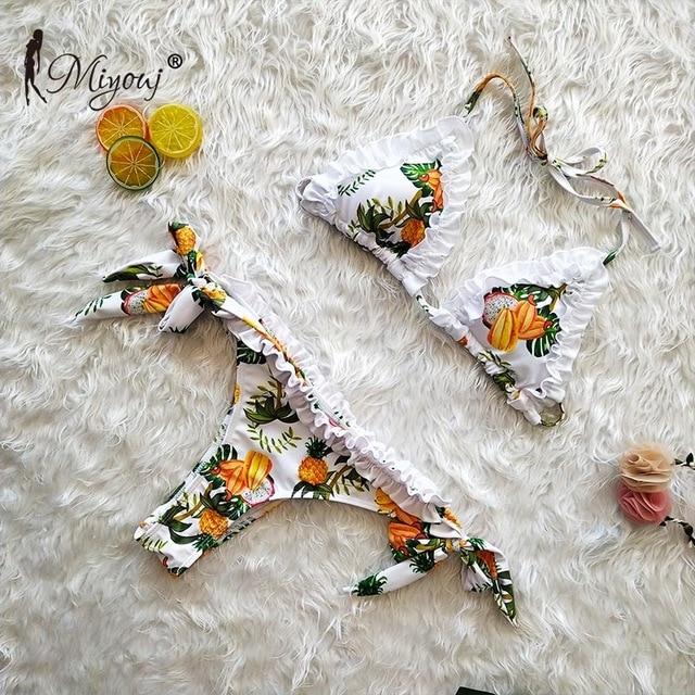 Miyouj Sexy Ruffle Bikini Floral Push Up Swimsuit Women Lace Up Swimwear String Bathing Suit Monokini Biquini Wave Bikini Set XL