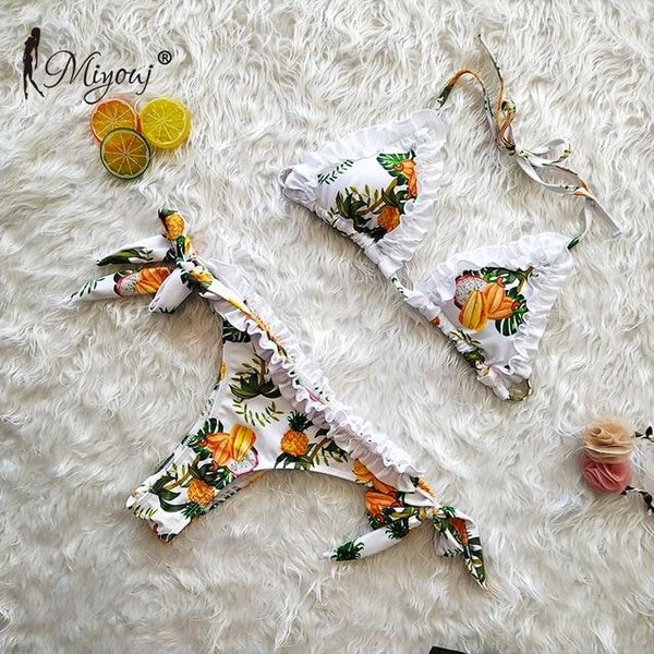 Miyouj Sexy Ruffle Bikini Floral Push Up Swimsuit Women Lace Up Swimwear String Bathing Suit Monokini Biquini Wave Bikini Set XL