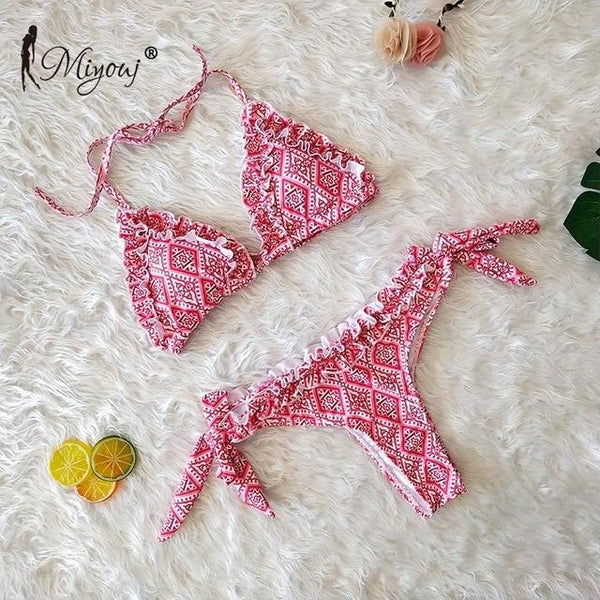 Miyouj Sexy Ruffle Bikini Floral Push Up Swimsuit Women Lace Up Swimwear String Bathing Suit Monokini Biquini Wave Bikini Set XL