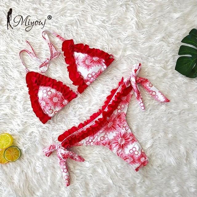 Miyouj Sexy Ruffle Bikini Floral Push Up Swimsuit Women Lace Up Swimwear String Bathing Suit Monokini Biquini Wave Bikini Set XL