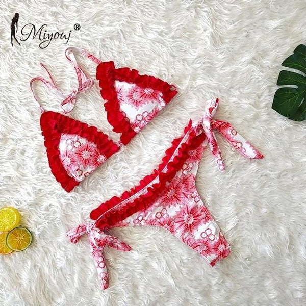 Miyouj Sexy Ruffle Bikini Floral Push Up Swimsuit Women Lace Up Swimwear String Bathing Suit Monokini Biquini Wave Bikini Set XL
