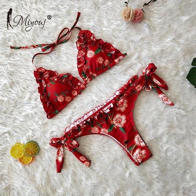 Miyouj Sexy Ruffle Bikini Floral Push Up Swimsuit Women Lace Up Swimwear String Bathing Suit Monokini Biquini Wave Bikini Set XL