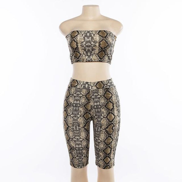 Simenual Sexy snake print two piece set strapless crop top and biker shorts high waist push up tracksuit women sets streetwear