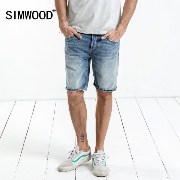 SIMWOOD 2019 Summer New Selvage Denim Shorts Fashion Ripped Knee Length Jeans RedLine High Quality Ripped Shorts 180085