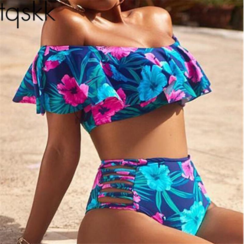 Sexy High Waist Bikinis Women Swimsuit 2019 Newest Off The Shoulder Female Push Up Ruffle Bikini Set Swim Bathing Suit Biquini