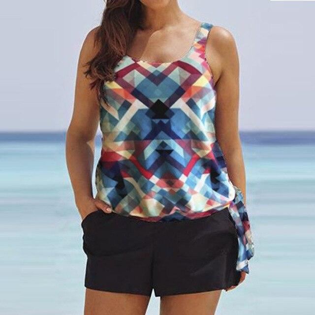 2019 Women Two Piece Swimsuits Printed Slimming Blouson Tankini Tops Boyshort Set Plus Size Swimwear High Waist Bathing Suits