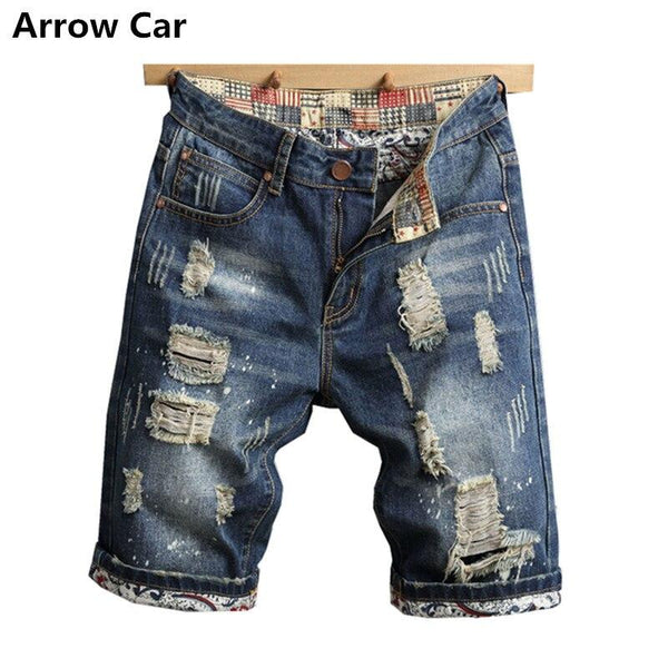 Arrow Car Men's Fashion Ripped Distressed Straight Fit Denim Shorts with Hole Brand-Clothing Short For Man Blue Jean