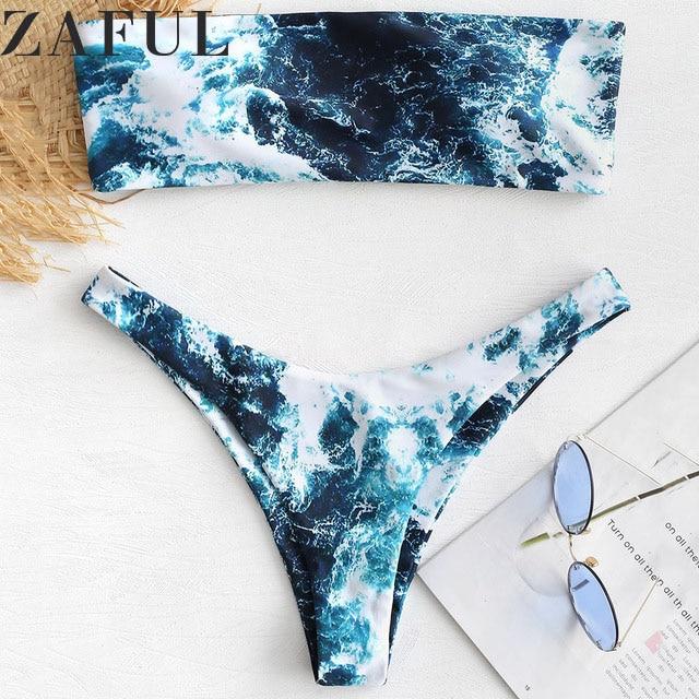 ZAFUL Abstract Bandeau Bikini Set Women Sexy Padded Swimsuit Beach Bathing Suit Brazilian Swimwear Biquinis Maillot De Bain
