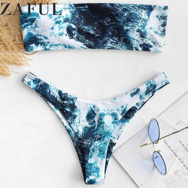 ZAFUL Abstract Bandeau Bikini Set Women Sexy Padded Swimsuit Beach Bathing Suit Brazilian Swimwear Biquinis Maillot De Bain