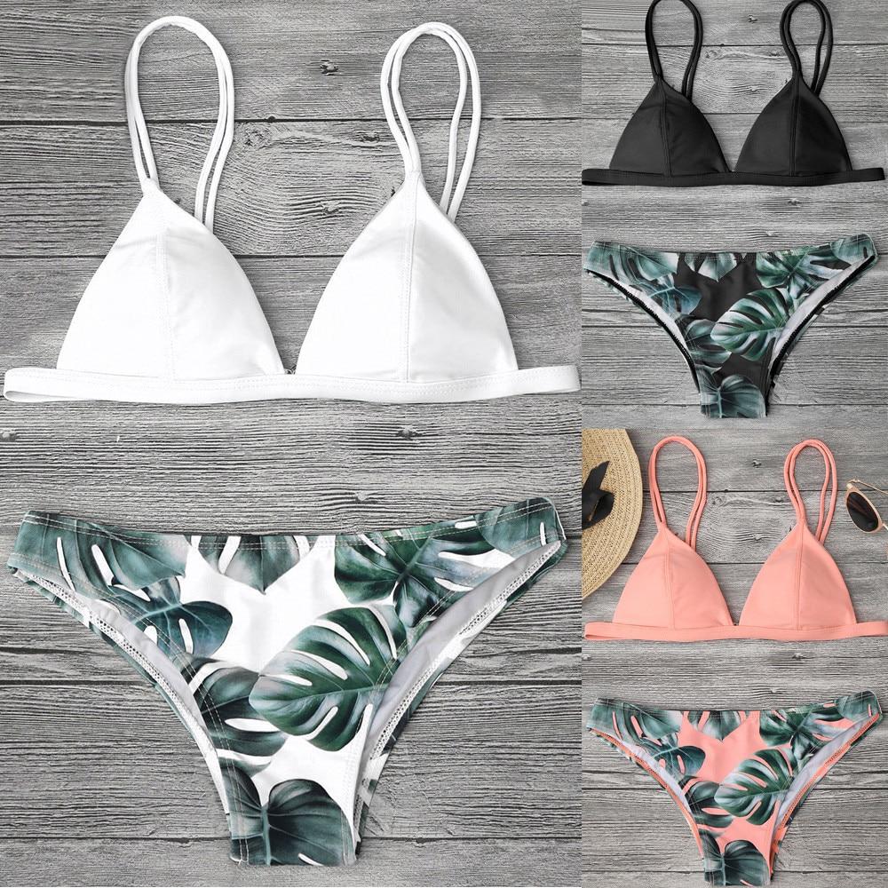 Women Split Swimwear Bikini Set Tropical Leave Print Bottom Solid Top Female Brazilian Bather Suit Swimsuit Swim Maillot Tankini