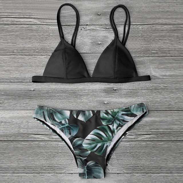 Women Split Swimwear Bikini Set Tropical Leave Print Bottom Solid Top Female Brazilian Bather Suit Swimsuit Swim Maillot Tankini