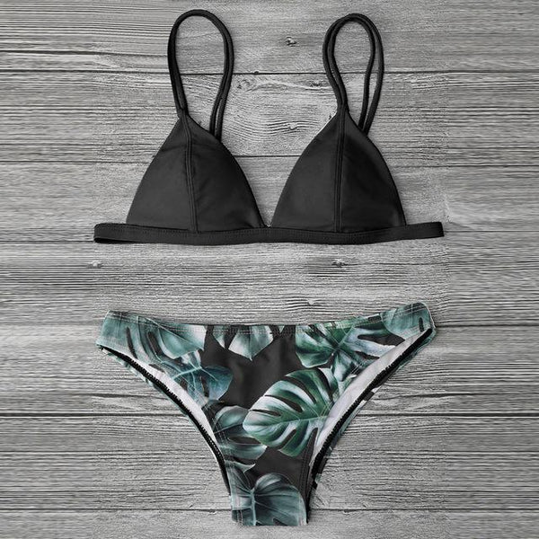 Women Split Swimwear Bikini Set Tropical Leave Print Bottom Solid Top Female Brazilian Bather Suit Swimsuit Swim Maillot Tankini