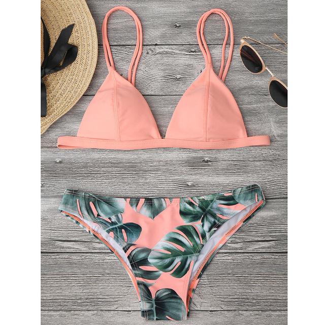 Women Split Swimwear Bikini Set Tropical Leave Print Bottom Solid Top Female Brazilian Bather Suit Swimsuit Swim Maillot Tankini