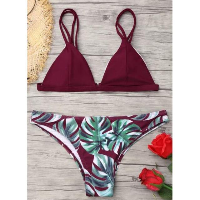 Women Split Swimwear Bikini Set Tropical Leave Print Bottom Solid Top Female Brazilian Bather Suit Swimsuit Swim Maillot Tankini