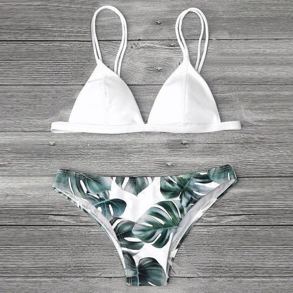 Women Split Swimwear Bikini Set Tropical Leave Print Bottom Solid Top Female Brazilian Bather Suit Swimsuit Swim Maillot Tankini