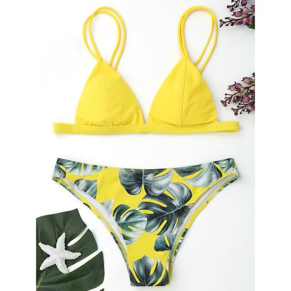 Women Split Swimwear Bikini Set Tropical Leave Print Bottom Solid Top Female Brazilian Bather Suit Swimsuit Swim Maillot Tankini