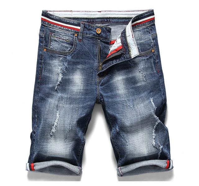 2019 Summer New Men's Denim Shorts Fashion Slim Fit Elastic Cotton Blue Wash Ripped Jeans Male Brand Clothes