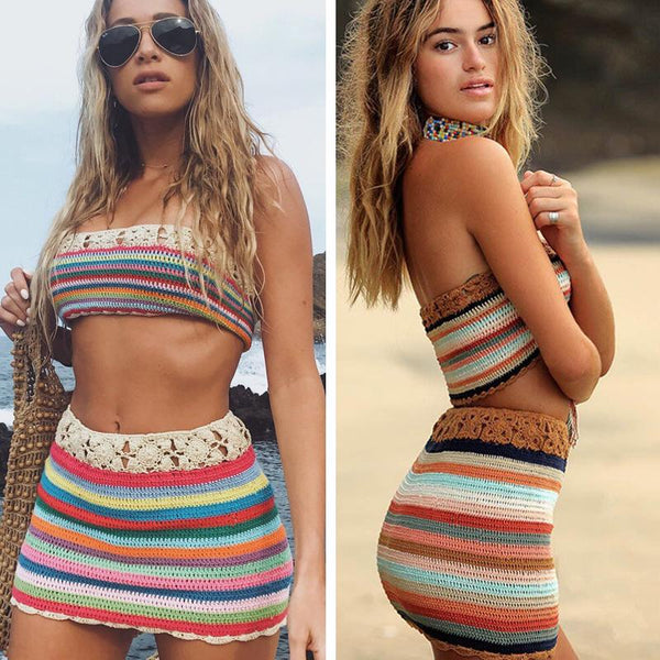 Fashion Colorful Lace Up Crop Top and High Waist Skirt Set  2019 Women Summer Beach Bikini Swim Bathing Suit Cover Up Beachwear