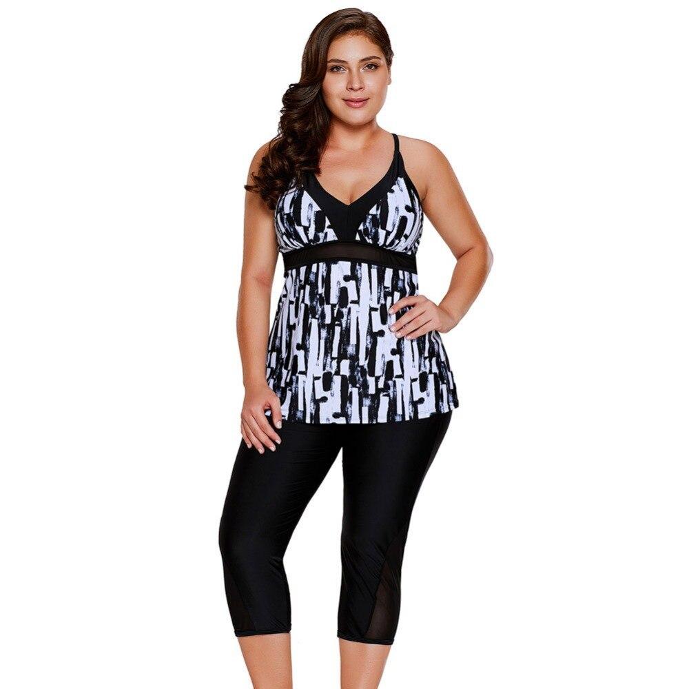 2019 New Women's Abstract Print Tankini Tops Swim Leggings Cropped Pants Two Pieces Swimsuit Surfing Swimwear Plus Size 2XL,3XL