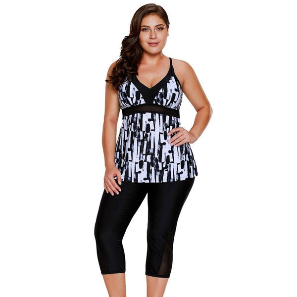 2019 New Women's Abstract Print Tankini Tops Swim Leggings Cropped Pants Two Pieces Swimsuit Surfing Swimwear Plus Size 2XL,3XL