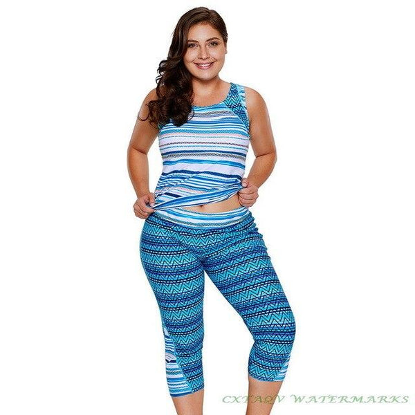 2019 New Women's Abstract Print Tankini Tops Swim Leggings Cropped Pants Two Pieces Swimsuit Surfing Swimwear Plus Size 2XL,3XL