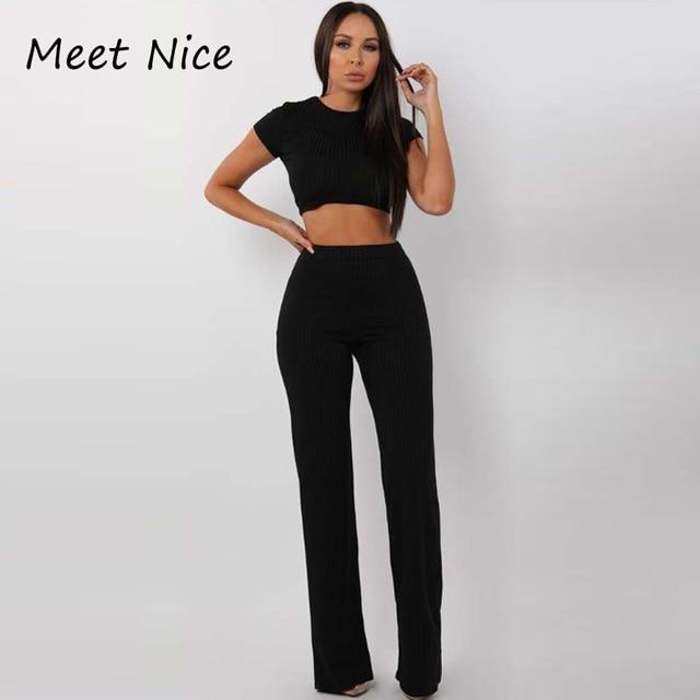 2 Two Piece Set Women Ribbed O Neck Crop Top and Long Pants Set Sexy Autumn Short Sleeve Tracksuit Women Conjunto Feminino 2019