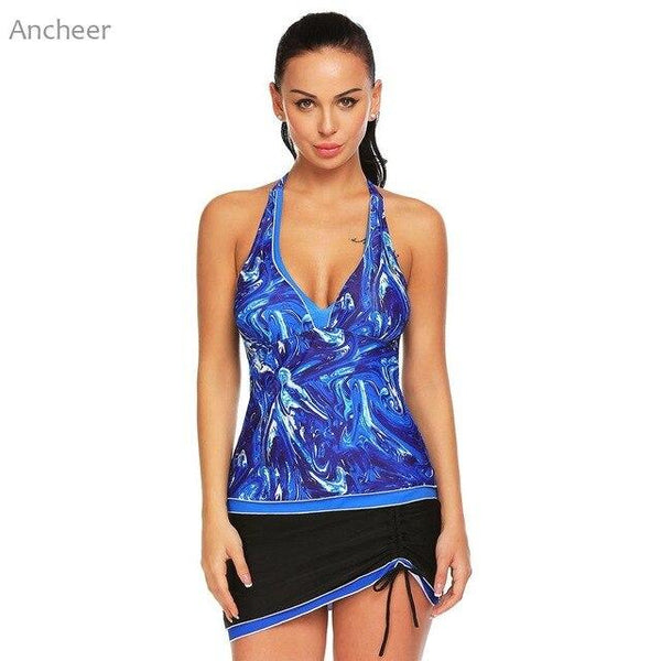 2018 Swimsuit Print Halter Padded Backless Women Swimwear Tankini Top with Skirted Women's Swimsuits Of Large Sizes XXXL