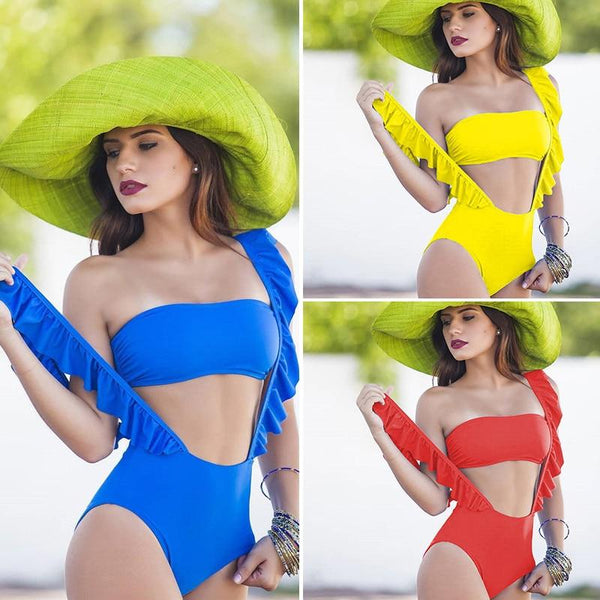 Special Style Blue Solid Two Pieces Separate Swimming Suits Bandeau Ruffles Suspenders Maillot de bain High Waist Hot Bikini A17