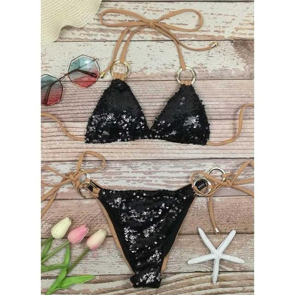 2019 Hot Sell Bikini Set Women Sexy Low Waist Bathing Suit Simple Sequins Beach Brazilian Swimsuit Halter Bandage Swimwear