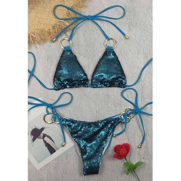 2019 Hot Sell Bikini Set Women Sexy Low Waist Bathing Suit Simple Sequins Beach Brazilian Swimsuit Halter Bandage Swimwear