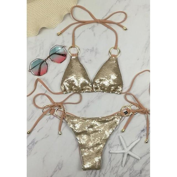 2019 Hot Sell Bikini Set Women Sexy Low Waist Bathing Suit Simple Sequins Beach Brazilian Swimsuit Halter Bandage Swimwear