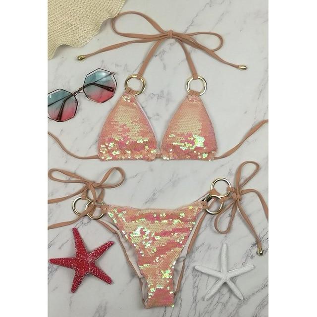 2019 Hot Sell Bikini Set Women Sexy Low Waist Bathing Suit Simple Sequins Beach Brazilian Swimsuit Halter Bandage Swimwear