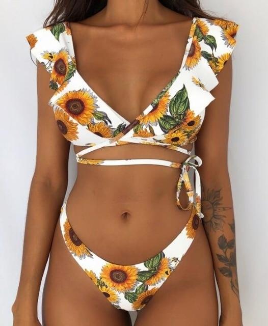Hot Sale Off The Shoulder Print Ruffled Bikini Mujer 2018 New Sexy Swimwear Women Swimsuit Brazilian Bikini Set Thong Biquinis