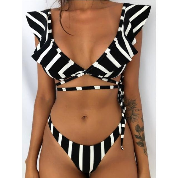 Hot Sale Off The Shoulder Print Ruffled Bikini Mujer 2018 New Sexy Swimwear Women Swimsuit Brazilian Bikini Set Thong Biquinis