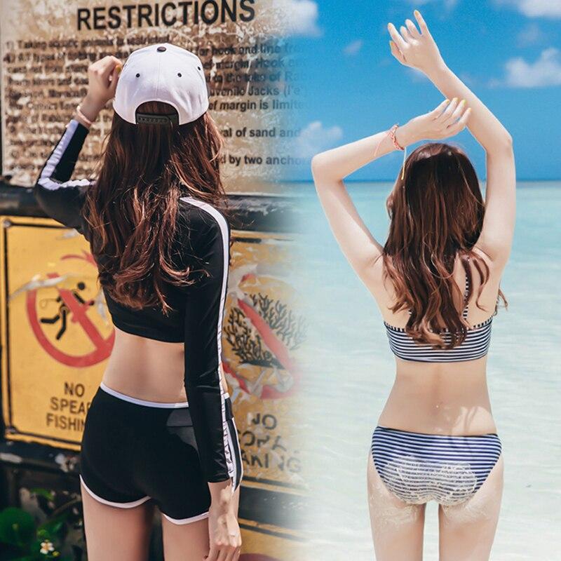 Swimwear Women Solid Black White Patchwork Tankini Long Sleeves Top+Shorts+Striped Bikinis Young Girls' Swimwear
