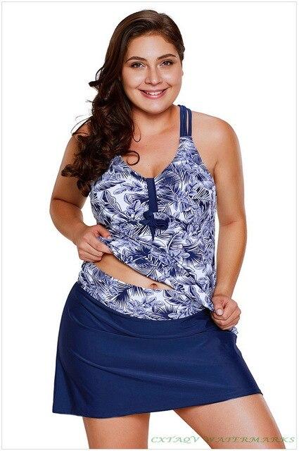 2019 Women's Slim Swimdress Removable Pad Multi Straps Halter Tankini Top and Skirt Bottom Beachwear Two-piece Swimsuit Size 3XL