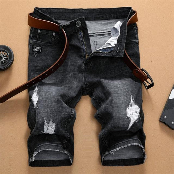 2019 Summer New Men StraighDenim Shorts Fashion Trend Leisure Hole Ripped Jeans Black Elastic Short Male Brand Plus Size 40 42