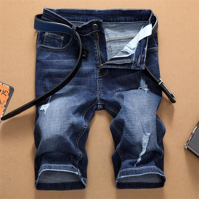 2019 Summer New Men StraighDenim Shorts Fashion Trend Leisure Hole Ripped Jeans Black Elastic Short Male Brand Plus Size 40 42