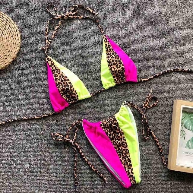 Triangle Leopard Bikinis 2019 Mujer Biquini Neon Green String Tie Tiny Bikini Sexy Thong Swimsuit push up Micro Bathers 3939