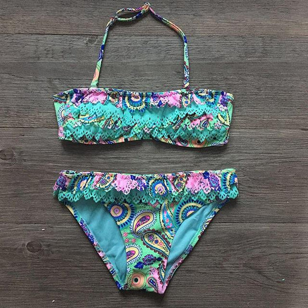 Girls Split Hollow Falbala Bikini Two-piece Swim Suits Bikini Children Swimwear Kids Bathing Suit Girl Beachwear for Hot Spring