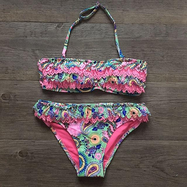 Girls Split Hollow Falbala Bikini Two-piece Swim Suits Bikini Children Swimwear Kids Bathing Suit Girl Beachwear for Hot Spring