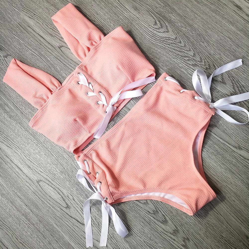 2019 Summer Sweety Women's High Waist Swimsuit Bikini Hollow Swimwear Girls Sexy Bandage Swim Wear Cross Bathing Suits Two Piece