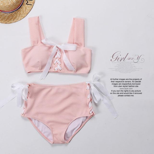 2019 Summer Sweety Women's High Waist Swimsuit Bikini Hollow Swimwear Girls Sexy Bandage Swim Wear Cross Bathing Suits Two Piece