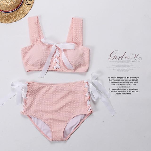 2019 Summer Sweety Women's High Waist Swimsuit Bikini Hollow Swimwear Girls Sexy Bandage Swim Wear Cross Bathing Suits Two Piece